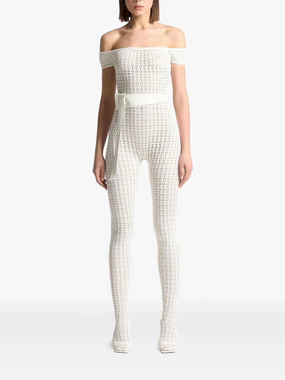 Martine pointelle-knit belted bardot jumpsuit