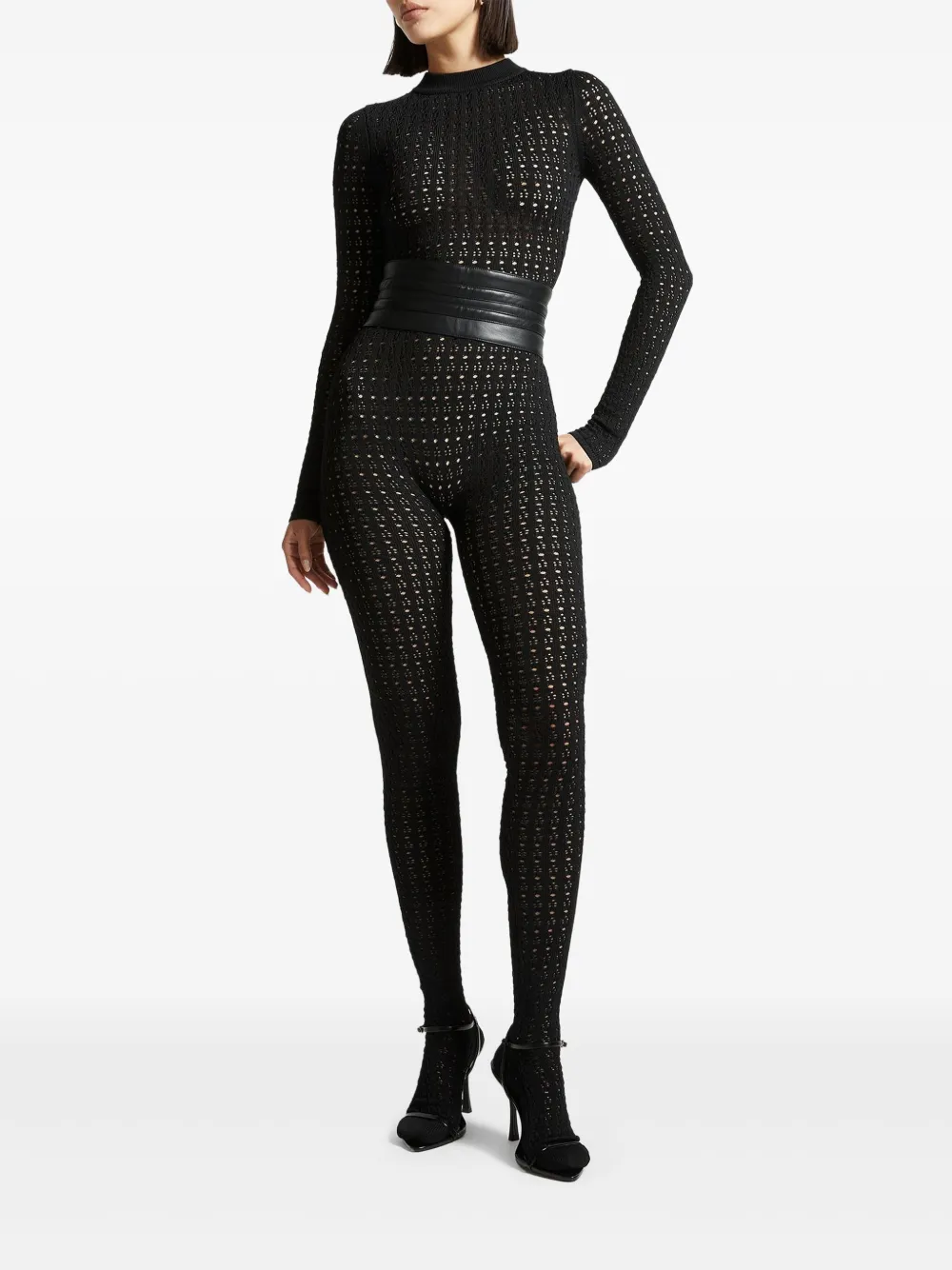 Manière De Voir pointelle knit belted jumpsuit - ブラック Manière De Voir pointelle knit belted jumpsuit - ブラック