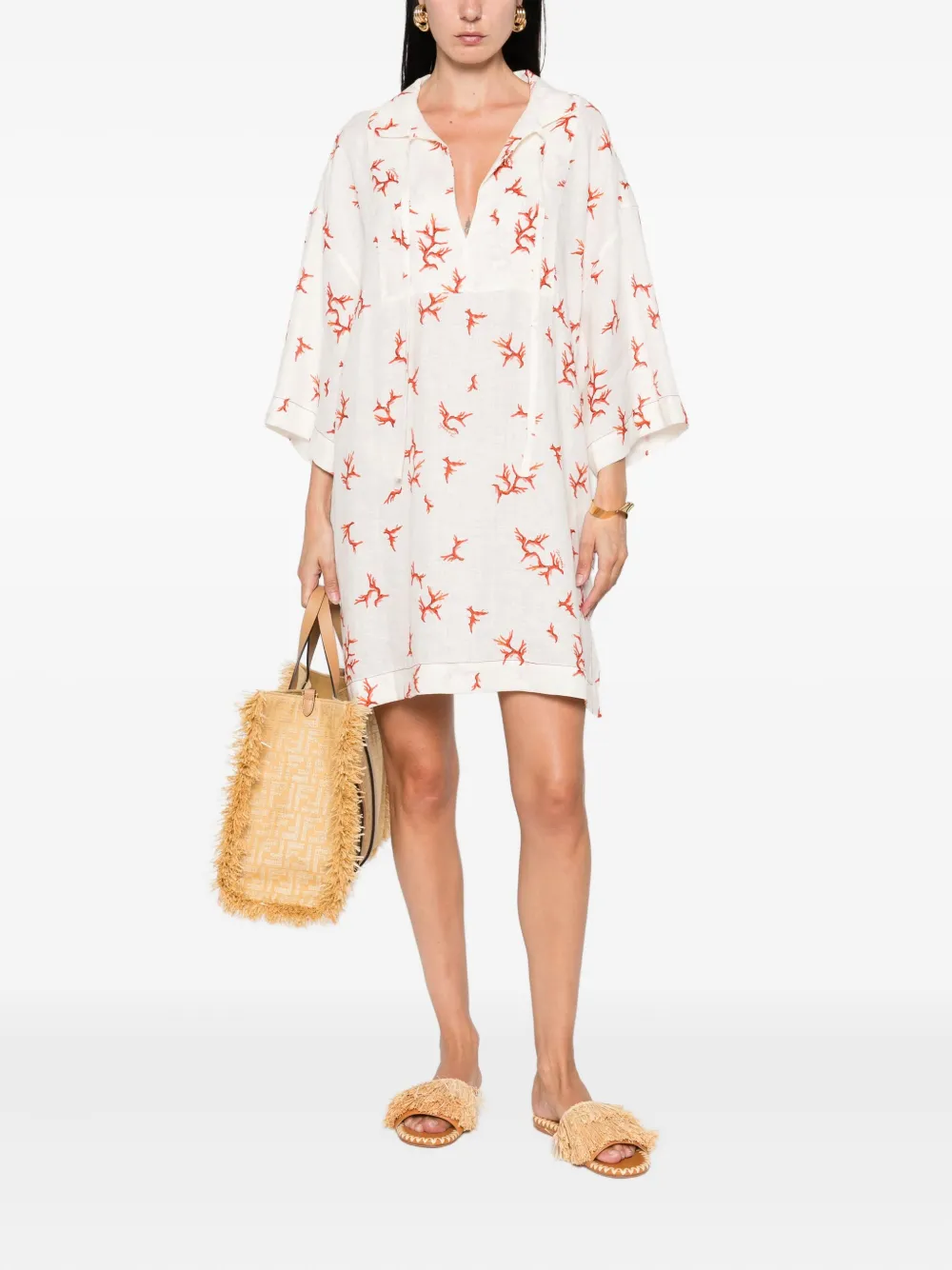 FENDI Mini-jurk met gestrikte hals en koraalprint - Wit