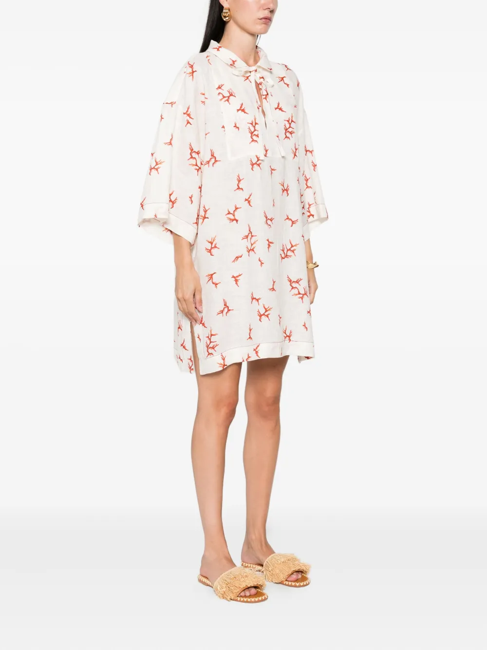 Fendi Coral-print Tie-neck Mini Dress In White