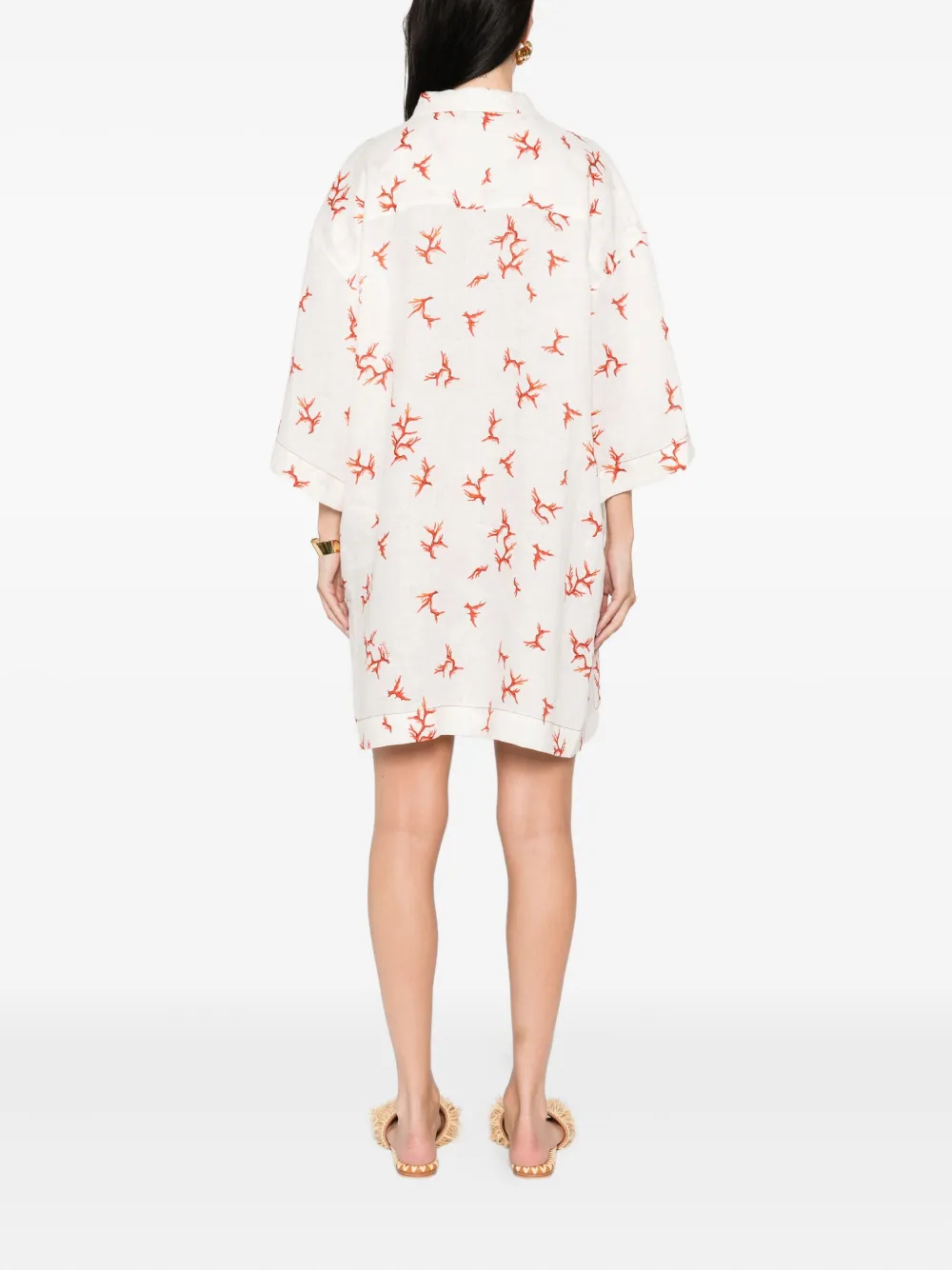 Fendi Coral-print Tie-neck Mini Dress In White