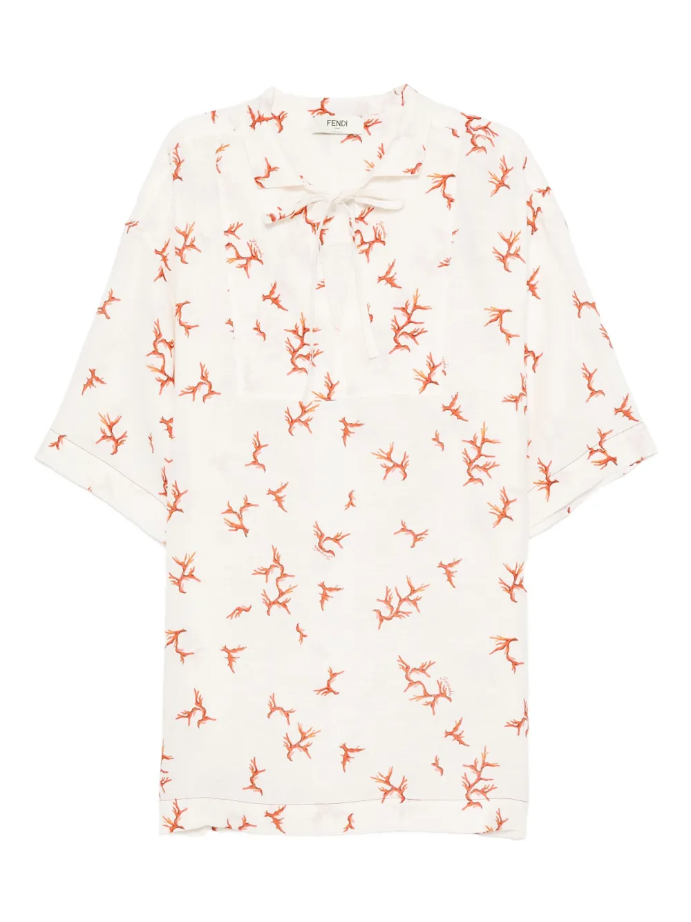 Fendi Coral-print Tie-neck Mini Dress In White