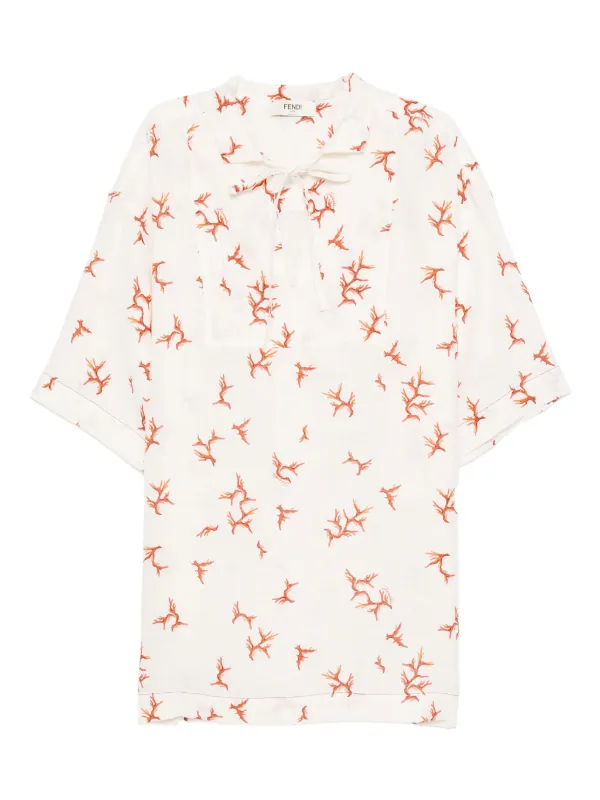 Fendi Coral-print Tie-neck Mini Dress in White