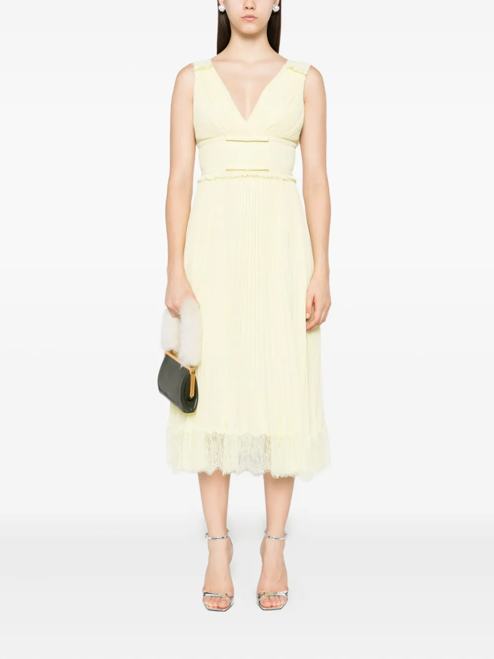 Self-Portrait Georgette midi-jurk met franje Geel