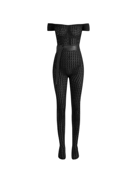 Manière De Voir Martine pointelle-knit bardot jumpsuit with belt