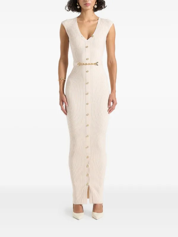 Manire De Voir Helene Belted Knit Beige Maxi Dress | Neutrals | FARFETCH