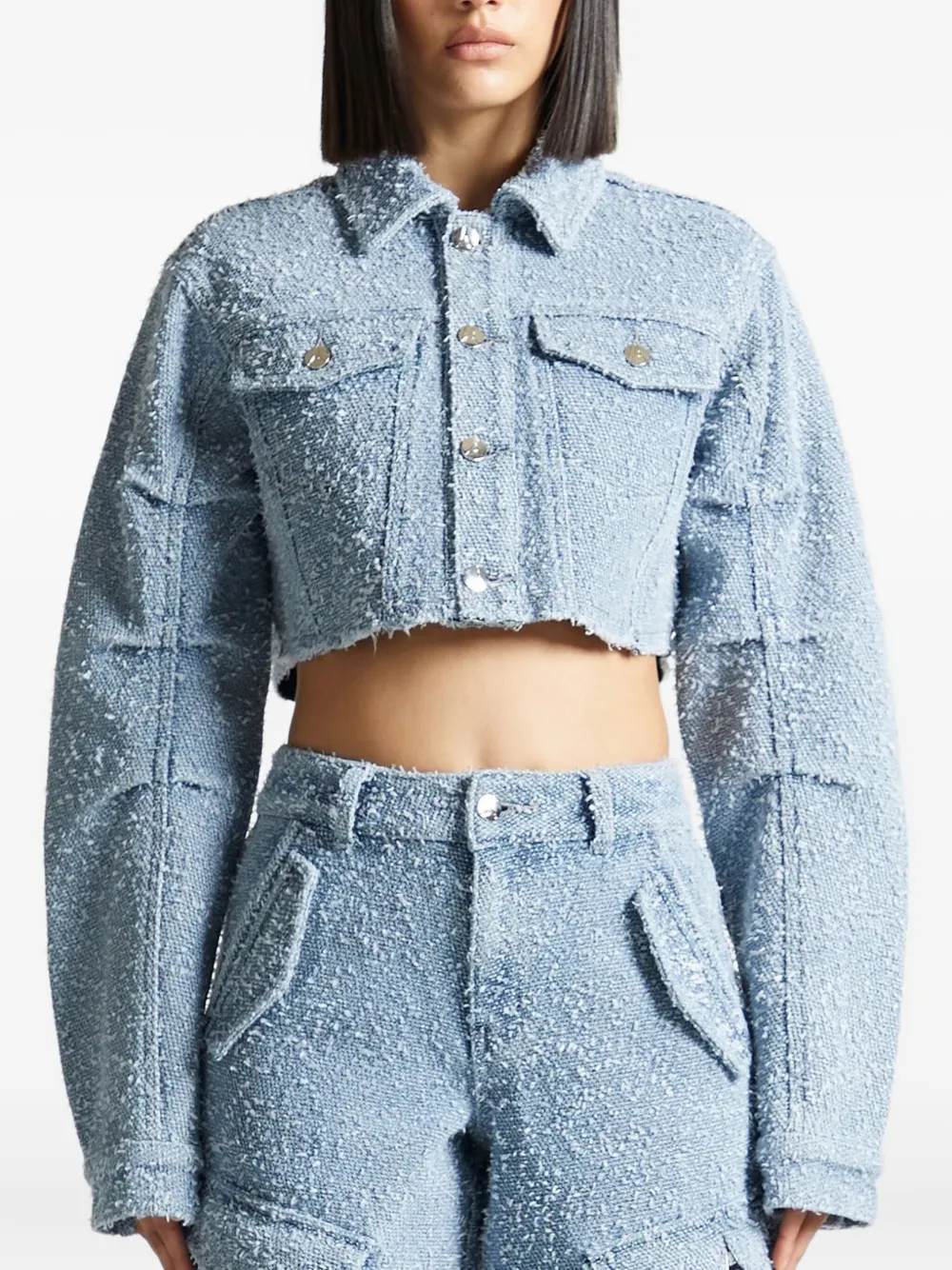 Manière De Voir Catherine cropped bouclé denim jack Blauw
