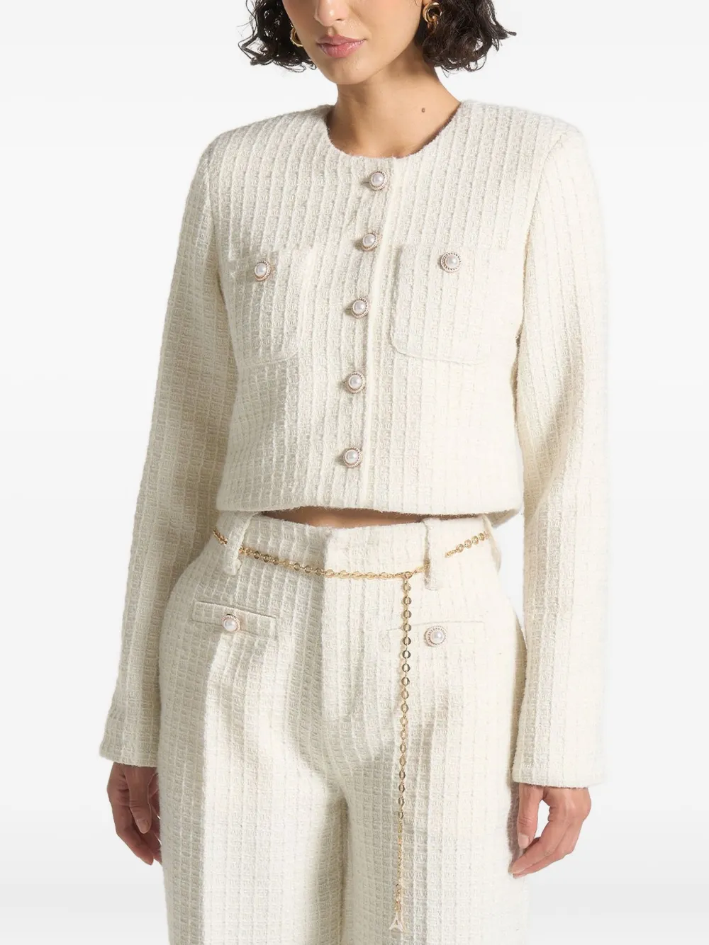 Manière De Voir Celine tweed jack met verfraaide knoop Beige