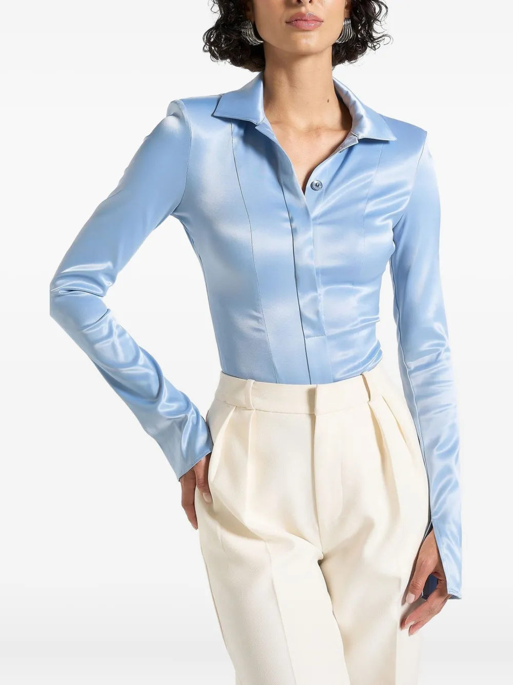 Manière De Voir Louise pointed-collar satin bodysuit | Blue | Image 1