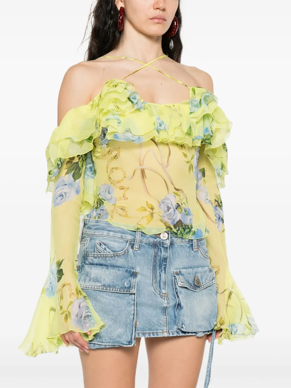 Blumarine floral-print ruffled blouse Geel