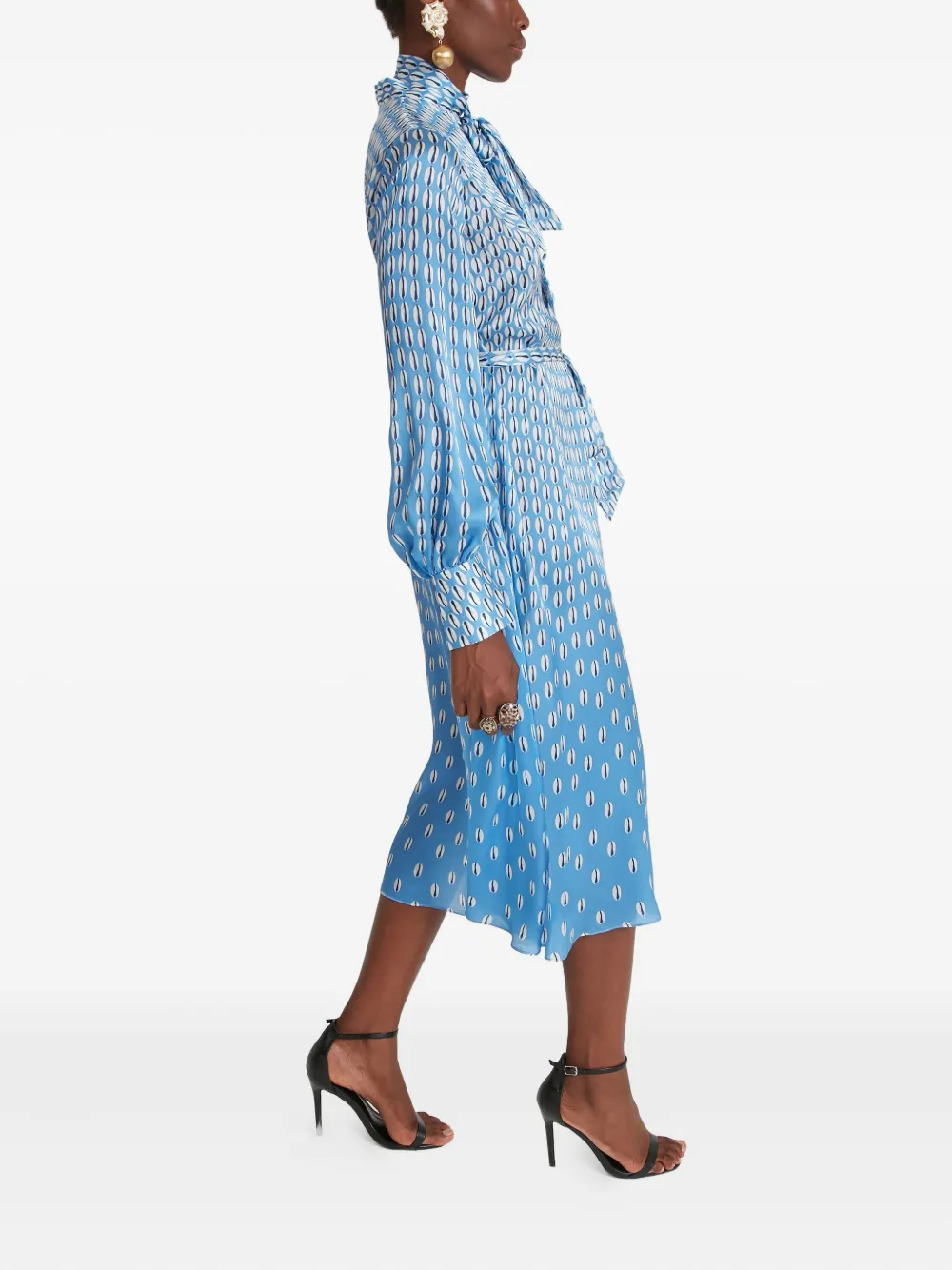 Temperley London Cowrie print tie-neck midi dress Blauw