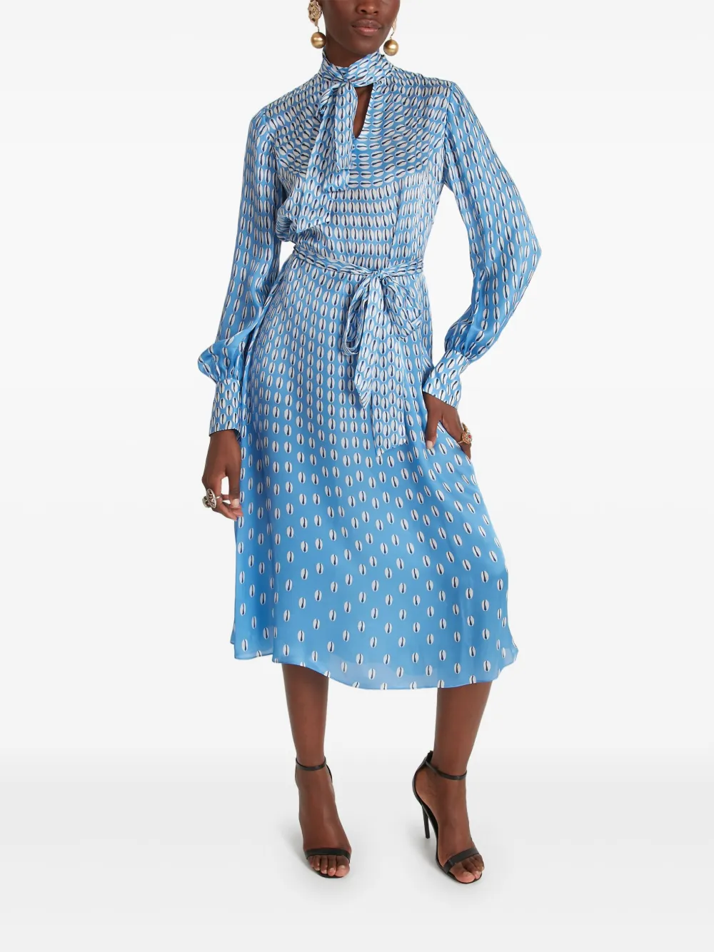 Temperley London Cowrie print tie-neck midi dress Blauw