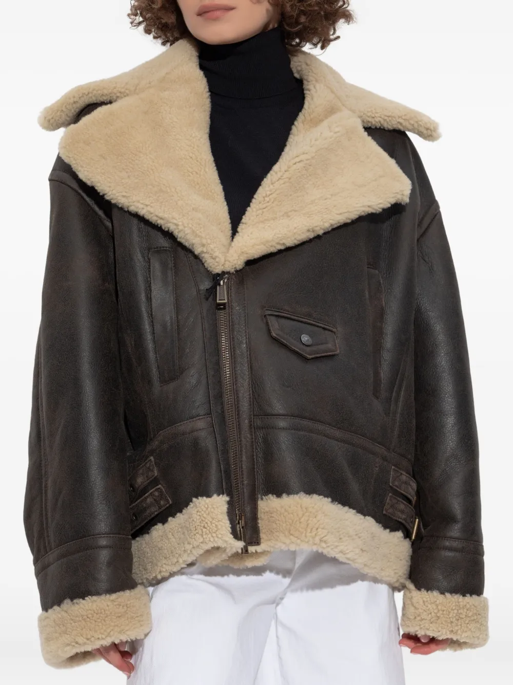 DSQUARED2 shearling-collar leather jacket 143 BROWN