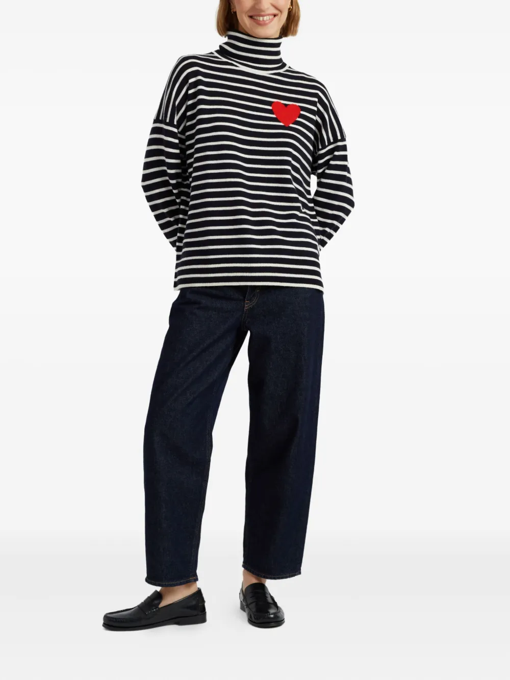 Chinti & Parker Heart-detail Striped Roll-neck Jumper In Black