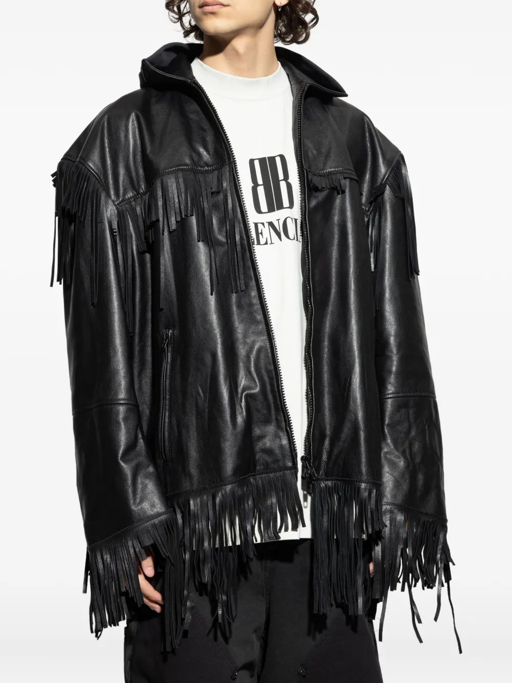  Balenciaga Fringed Leather Jacket - Black 
