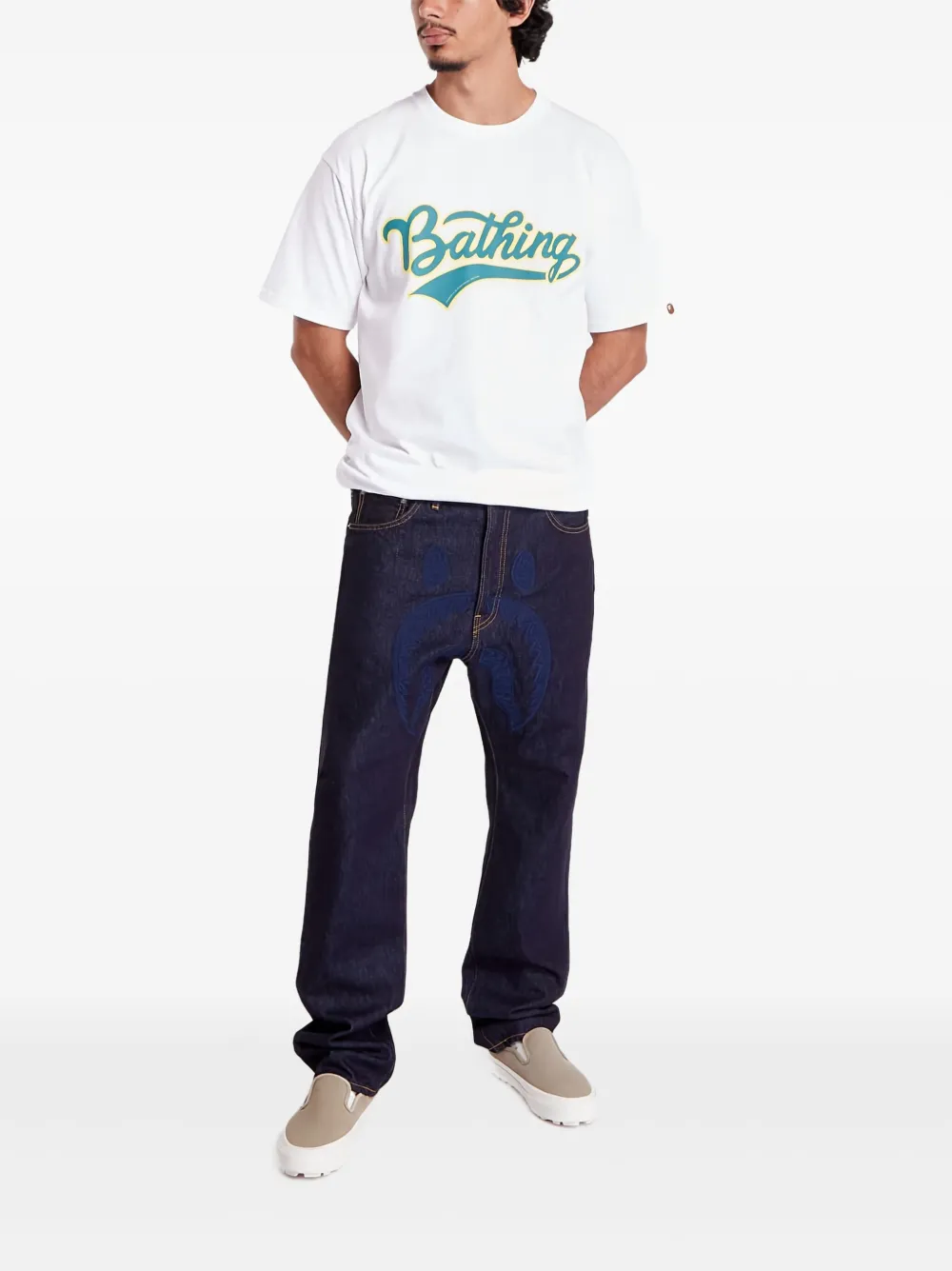 A BATHING APE Jeans met geborduurde haai Blauw