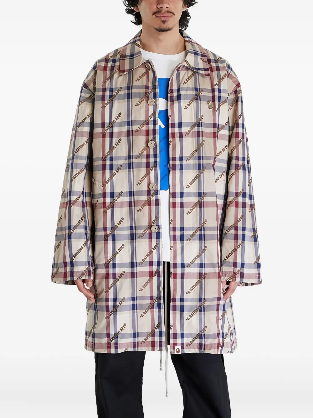 A BATHING APE logo-check pattern coat Beige