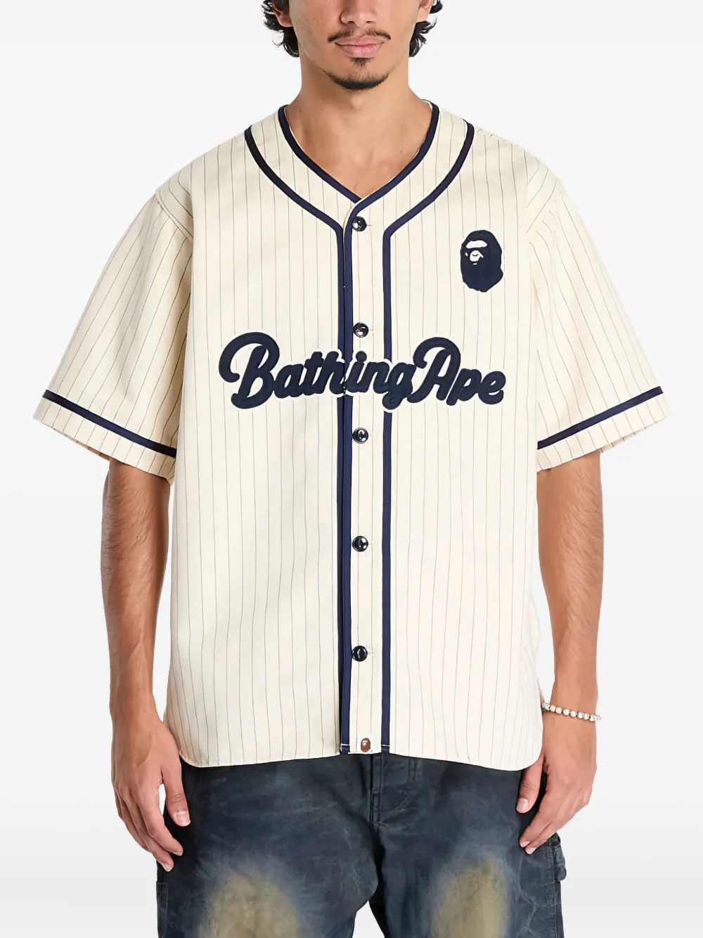 A BATHING APE Honkbalshirt met krijtstreep Beige