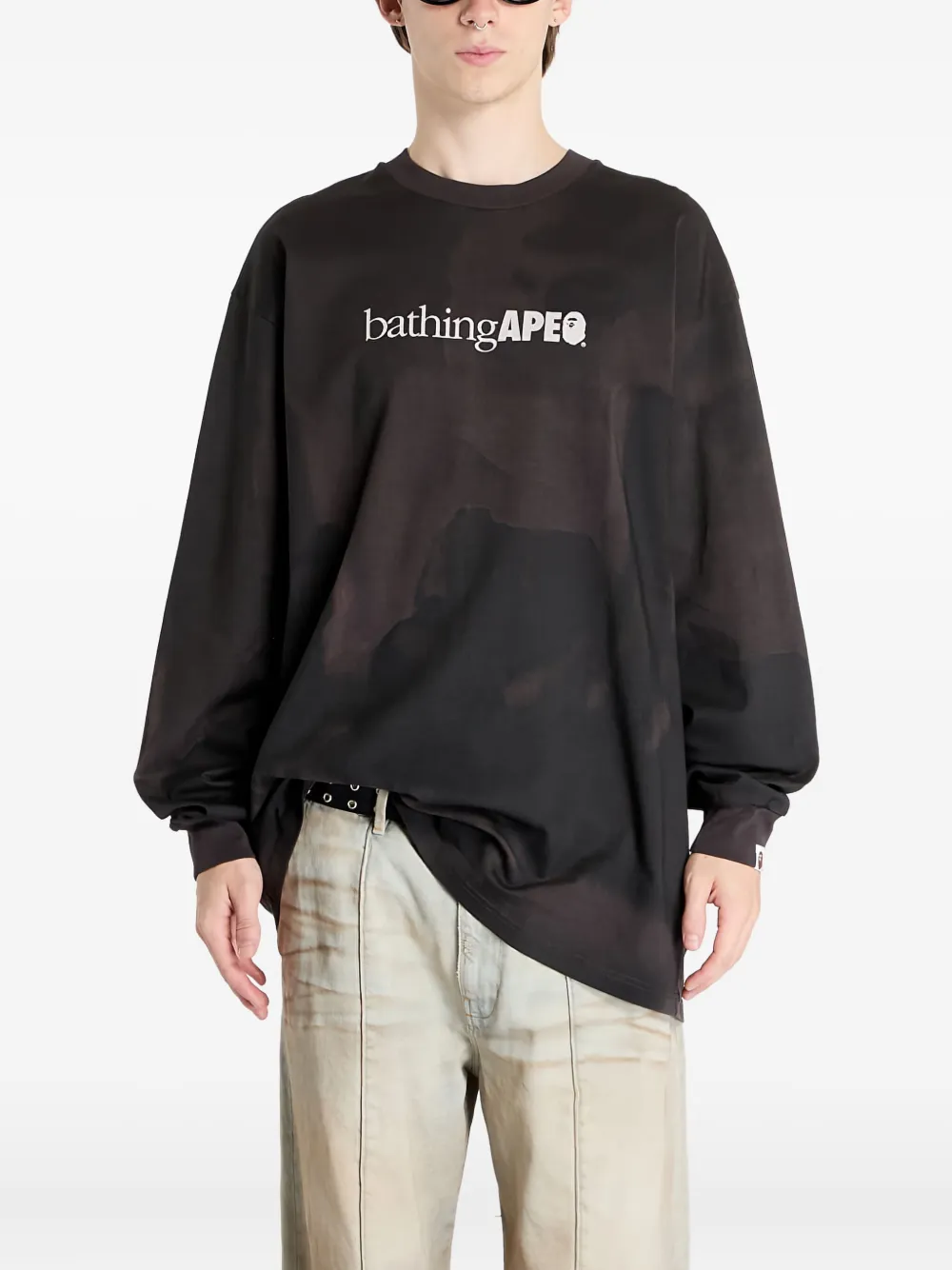 A BATHING APE T-shirt met tie-dye logoprint en lange mouwen Zwart