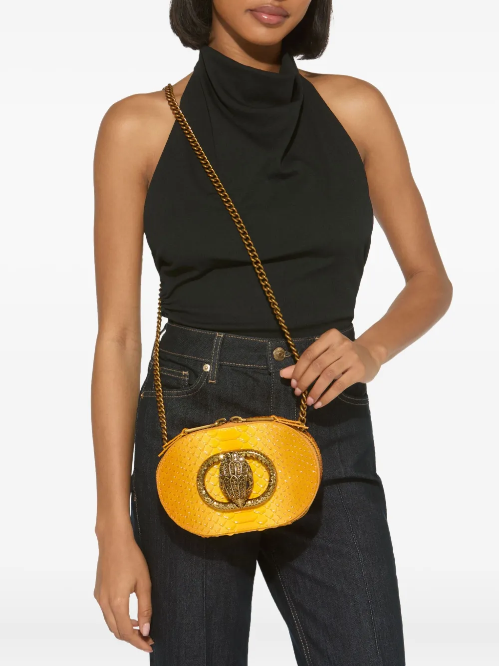 Kurt Geiger London small Chelsea crystal-embellished snake-effect crossbody bag Geel