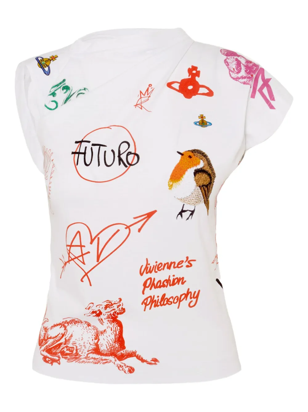 Vivienne Westwood Asymmetric Cap Sleeve Graphic Print Top In White