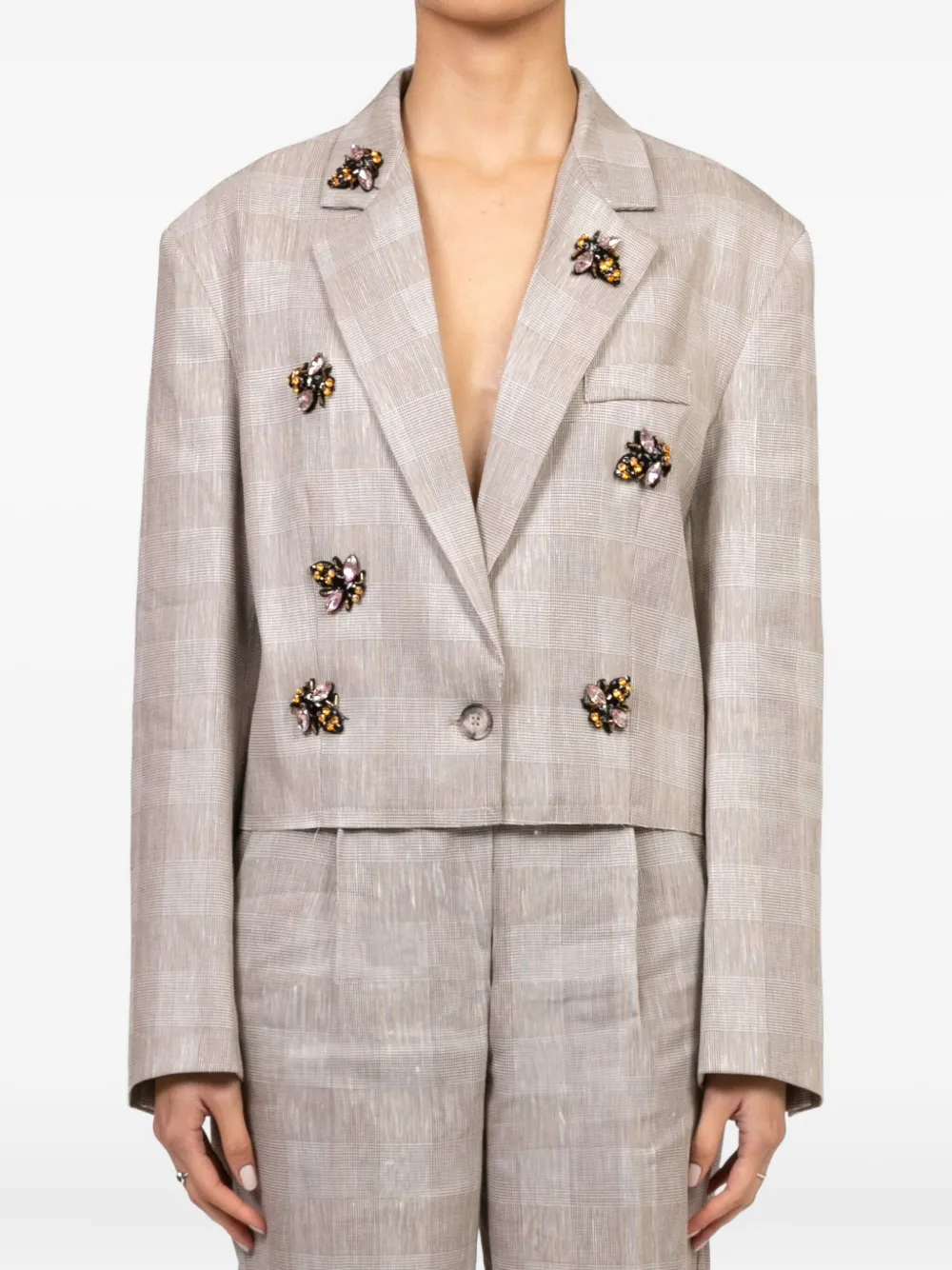 Vicolo Bee-embellished Checked Blazer In Neutral