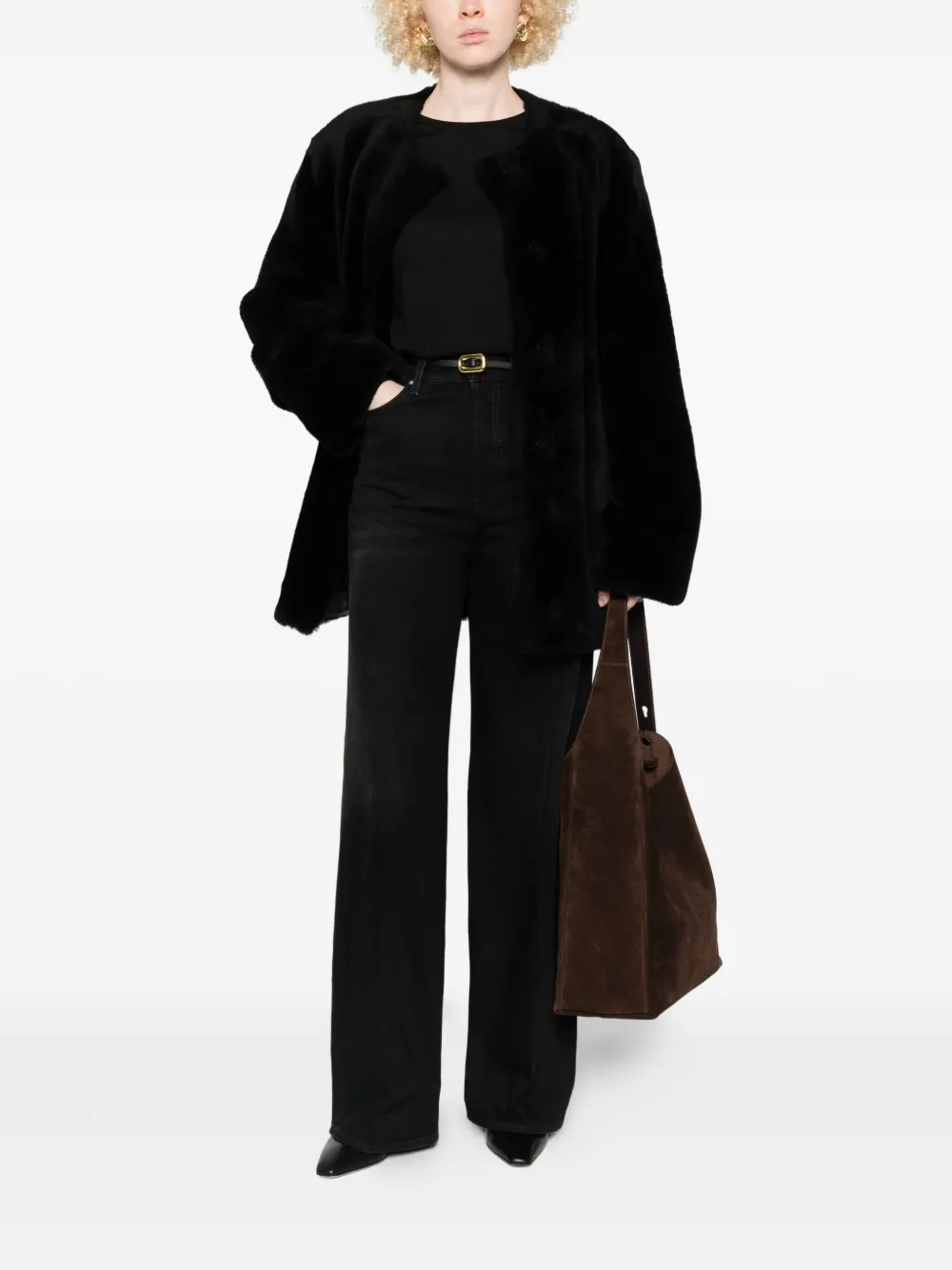 Totême Belted Shearling Jacket In Black