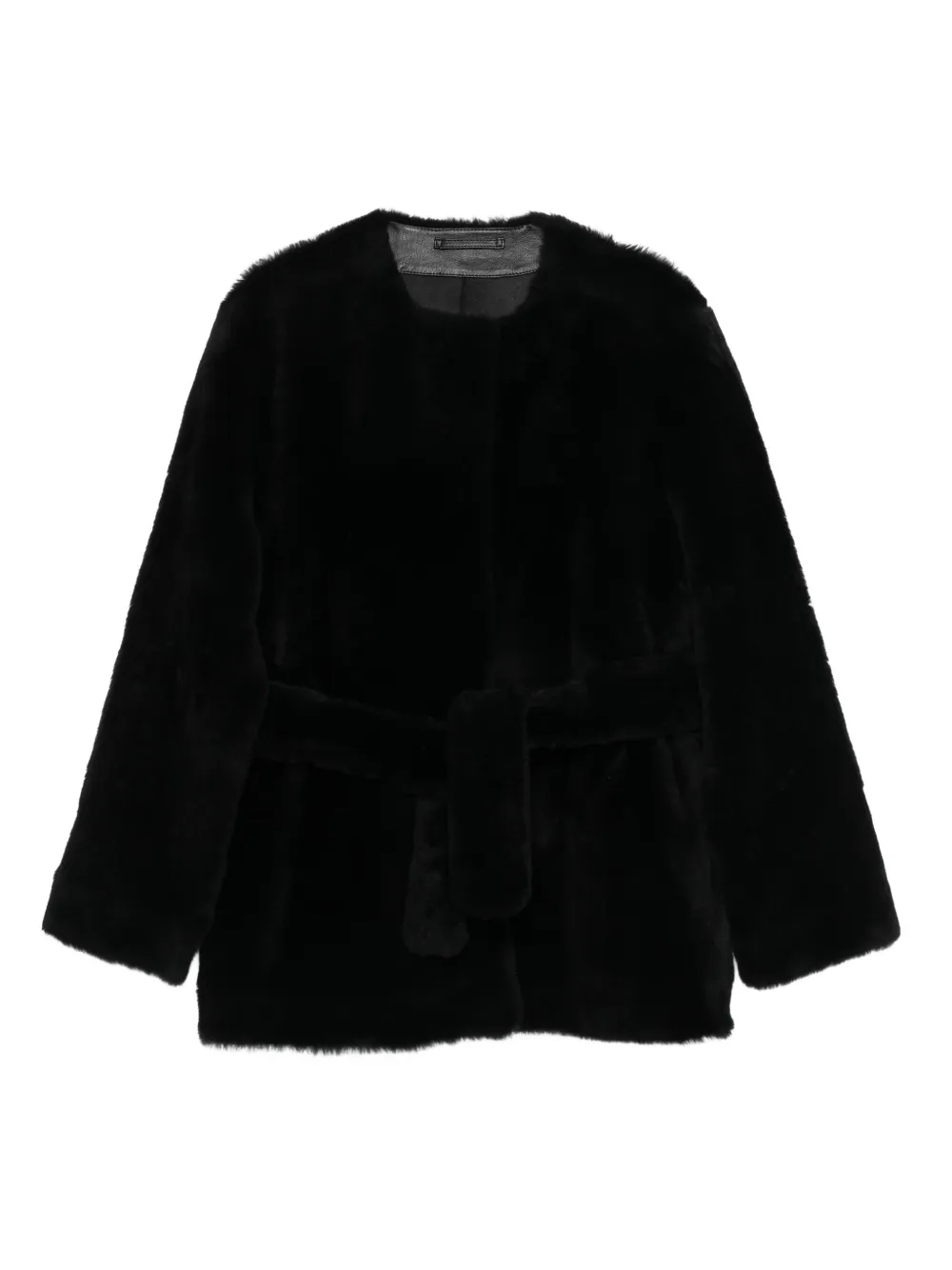 Totême Belted Shearling Jacket In Black