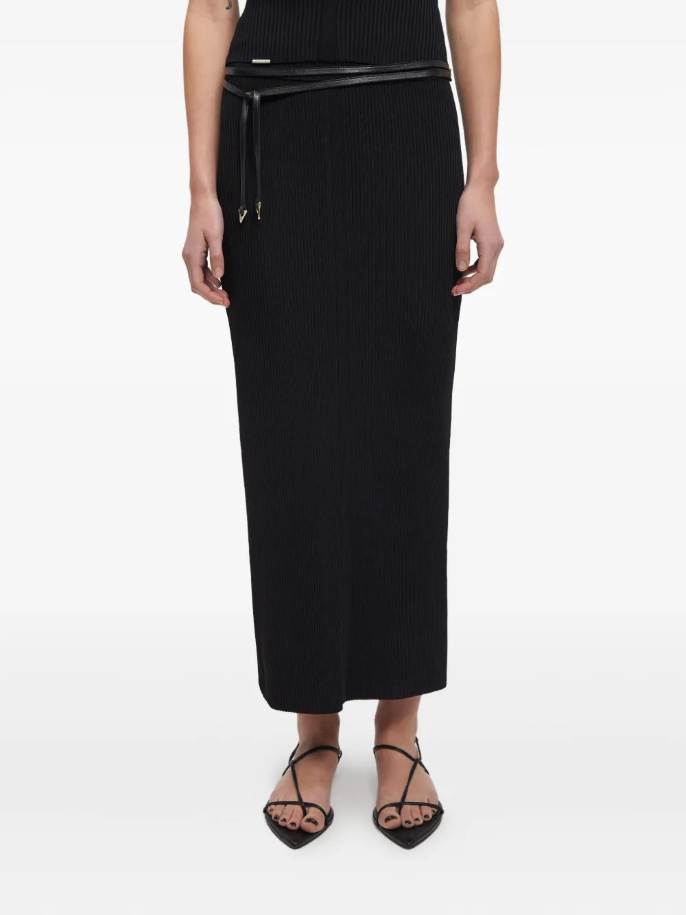 AERON Geribbelde high waist midi-rok Zwart