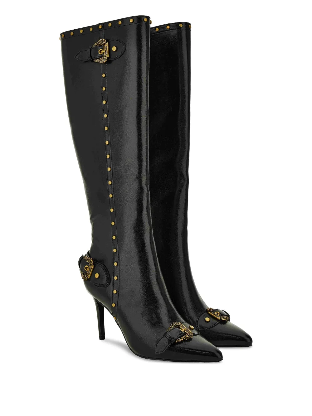 Versace Jeans Couture buckle-detail studded knee-high boots Black