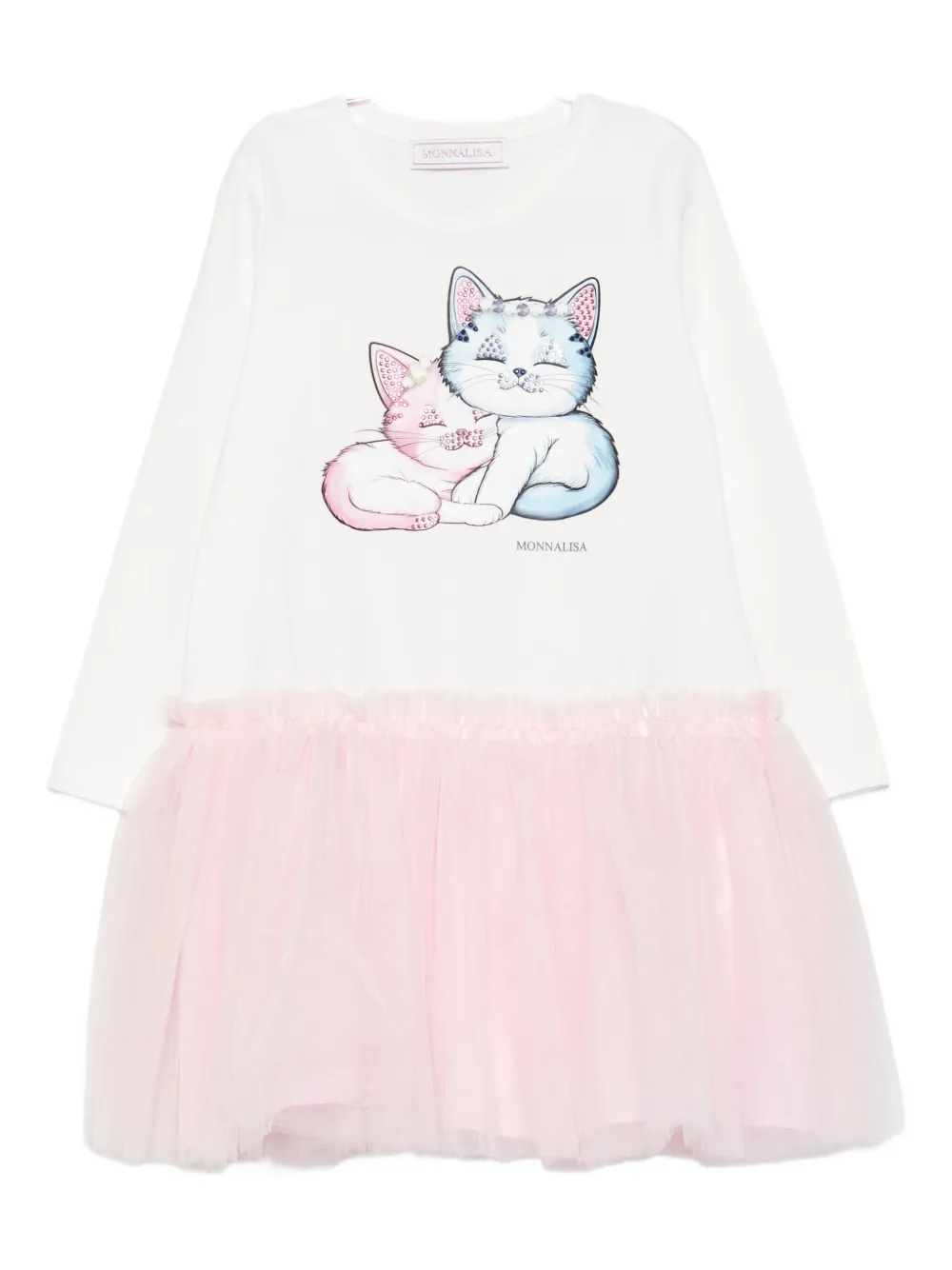 Monnalisa Tulen jurk met kattenprint Wit
