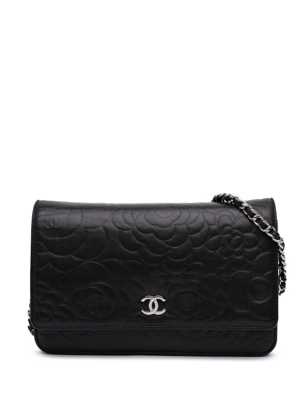 CHANEL Pre-Owned 2012 ラムスキン カメリア エンボス ウォレットオンチェーン ショルダーバッグ - ブラック CHANEL Pre-Owned 2012 ラムスキン カメリア エンボス ウォレットオンチェーン ショルダーバッグ - ブラック