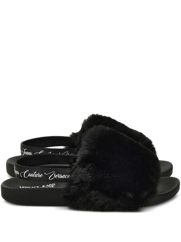 Versace Jeans Couture fur-trimmed Slingback Slides Black