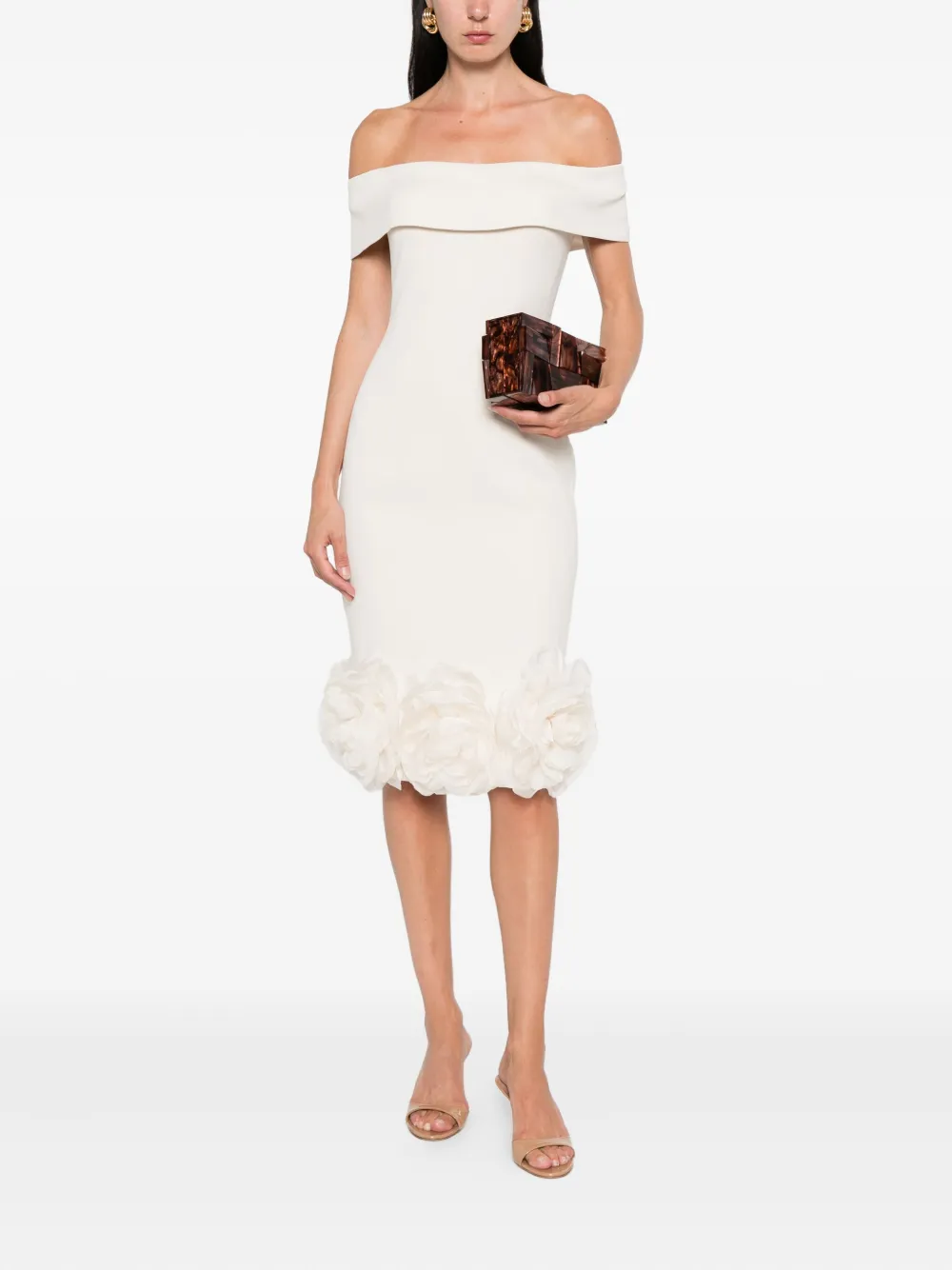 TARIK EDIZ Off-shoulder midi-jurk verfraaid met rozen Beige