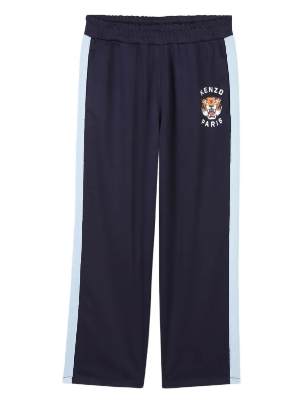 Kenzo Kids Pantaloni Con Ricamo Tigre e Strisce Laterali Blu