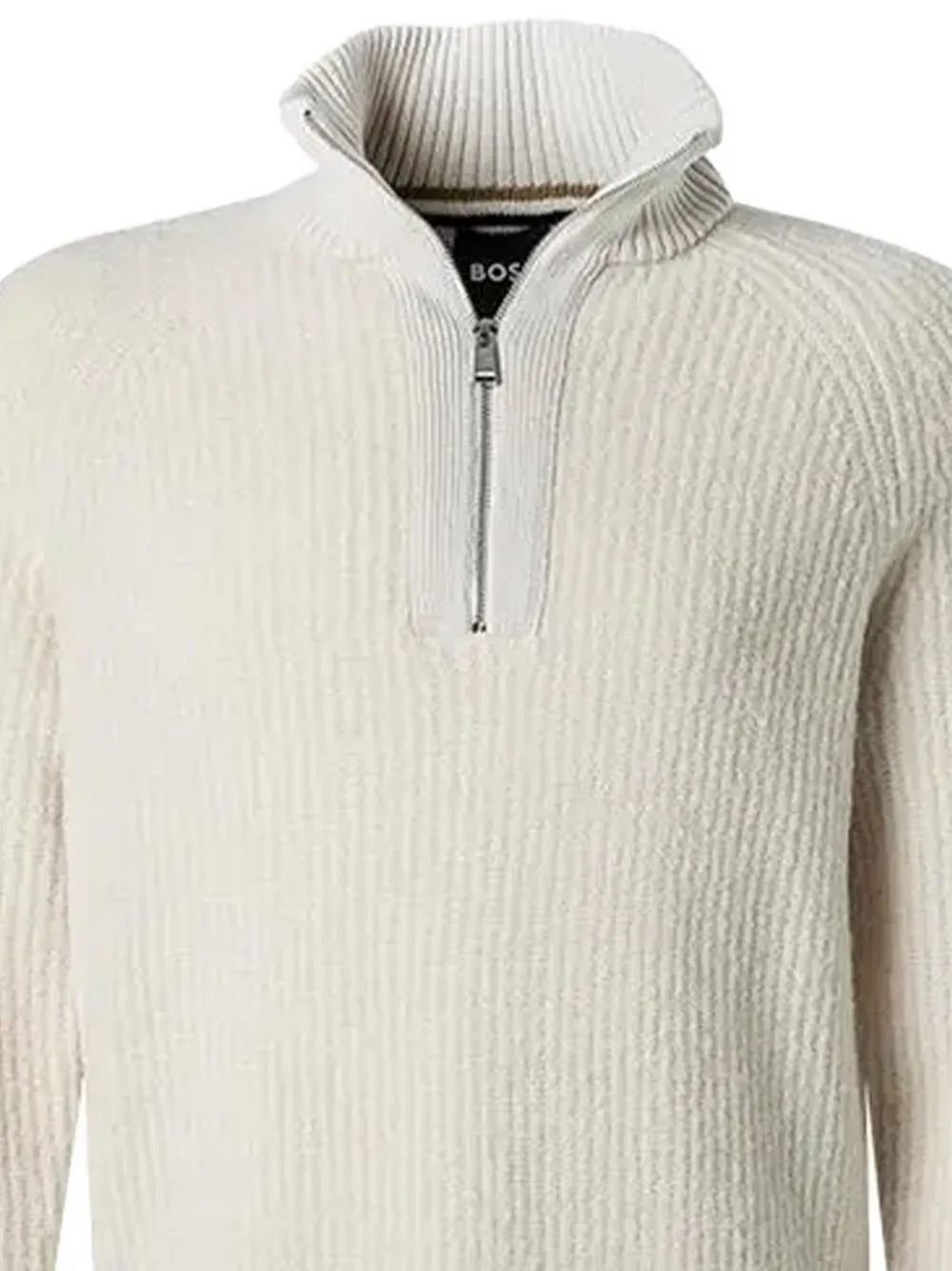 BOSS Geribbelde trui met hoge hals en halve rits Beige