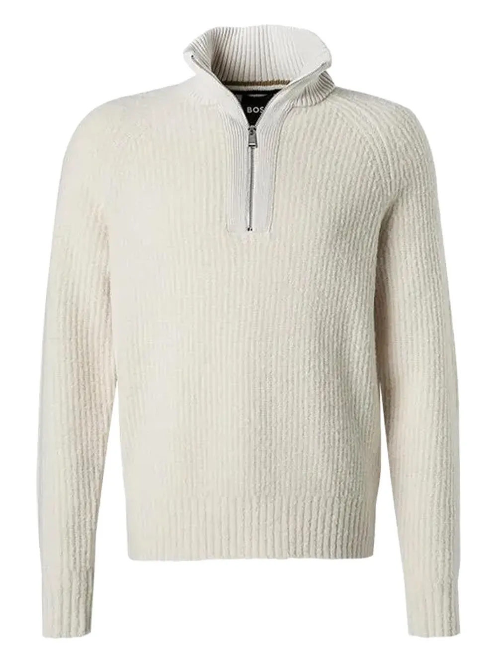 BOSS Geribbelde trui met hoge hals en halve rits Beige