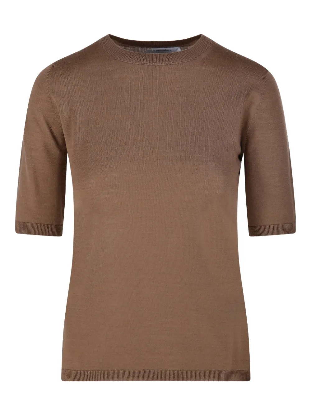 Max Mara Short-sleeve Virgin Wool Sweater With Classic Round Neckline In Brown