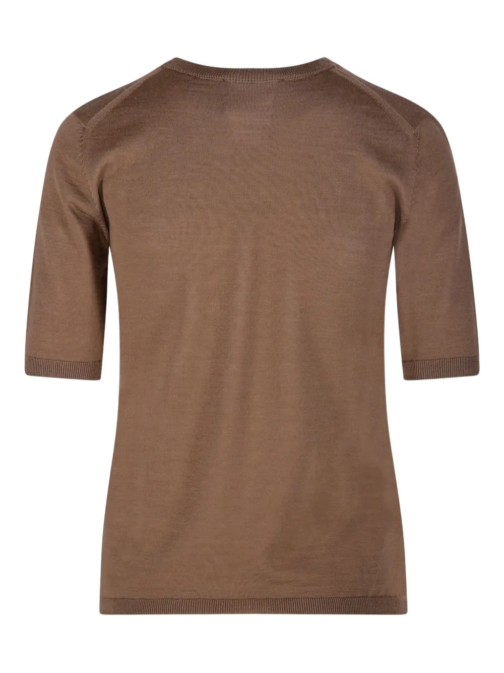 Max Mara Short-sleeve Virgin Wool Sweater With Classic Round Neckline In Brown