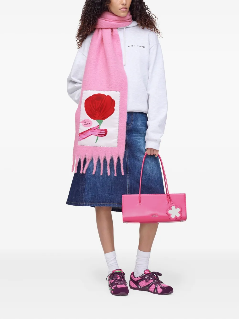 Marc Jacobs Oh Rose Print Fringed Scarf In Pink