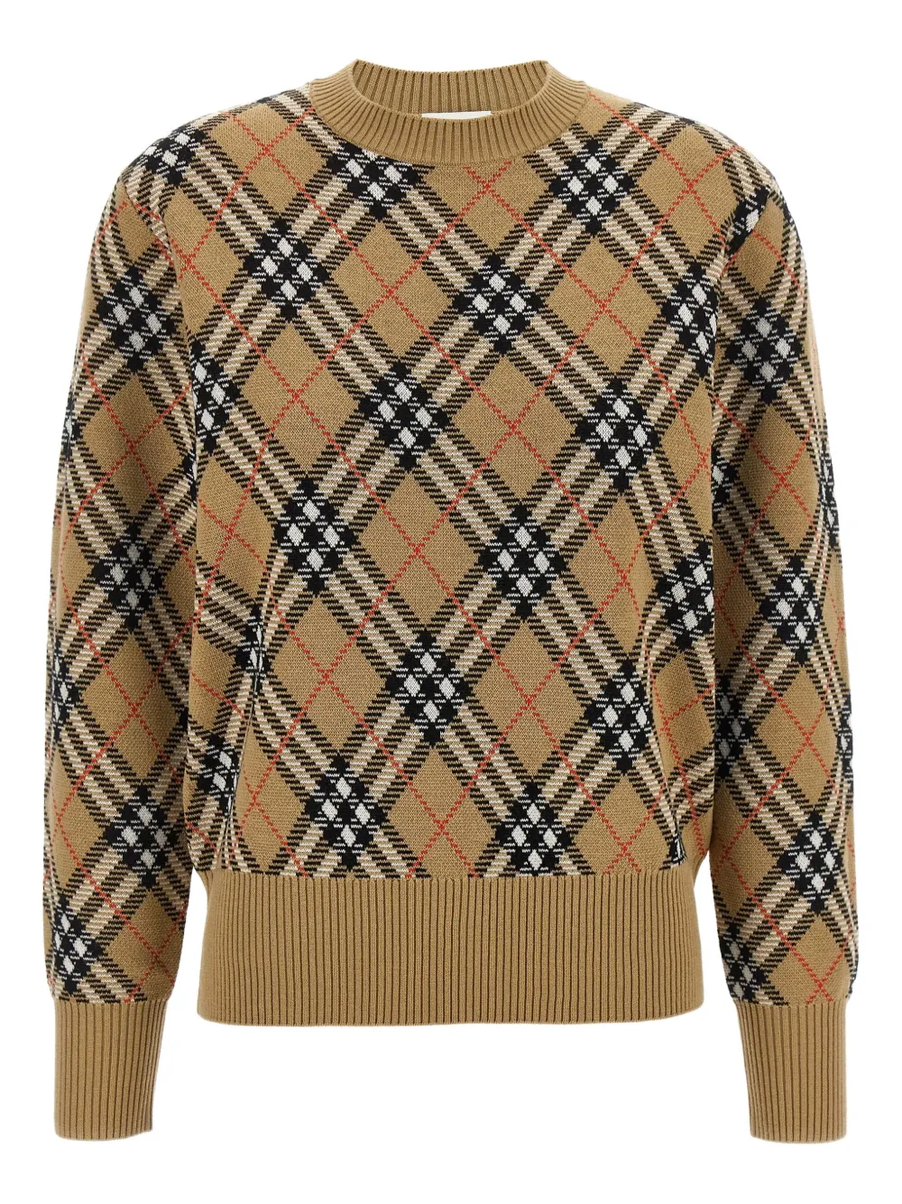 Burberry Wool Blend Sweater With Embroidered Check Pattern In Brown