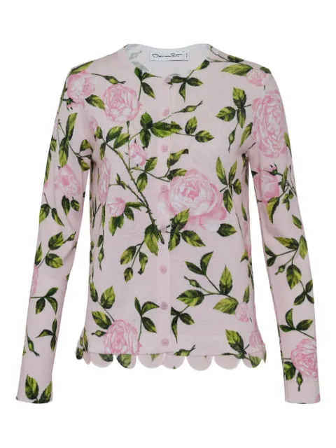 Oscar de la Renta rose-print scallop-hem cardigan