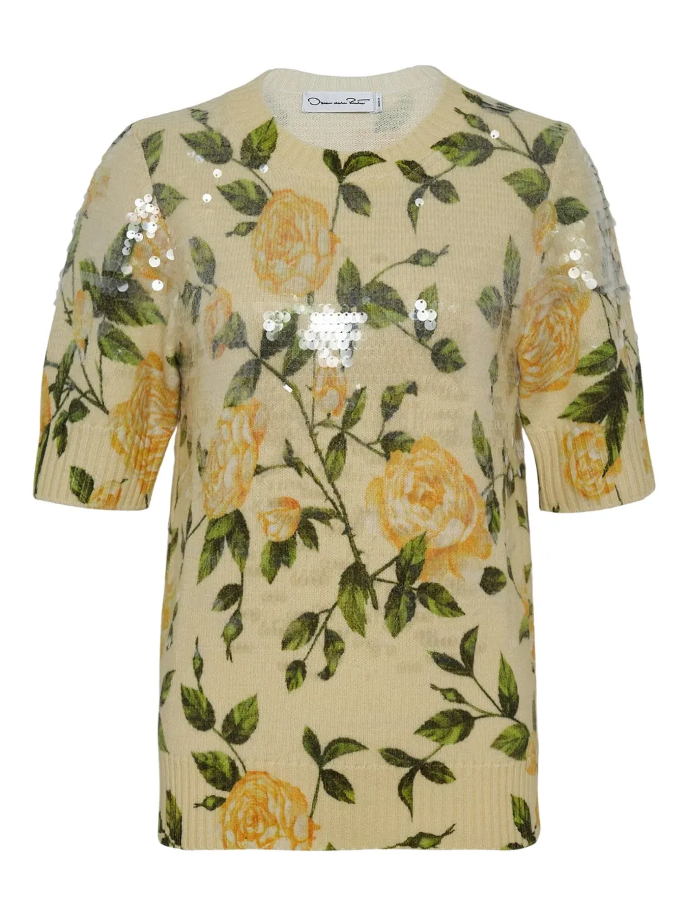 Oscar De La Renta English Rose-print Sequin-embellished Sweater In Green