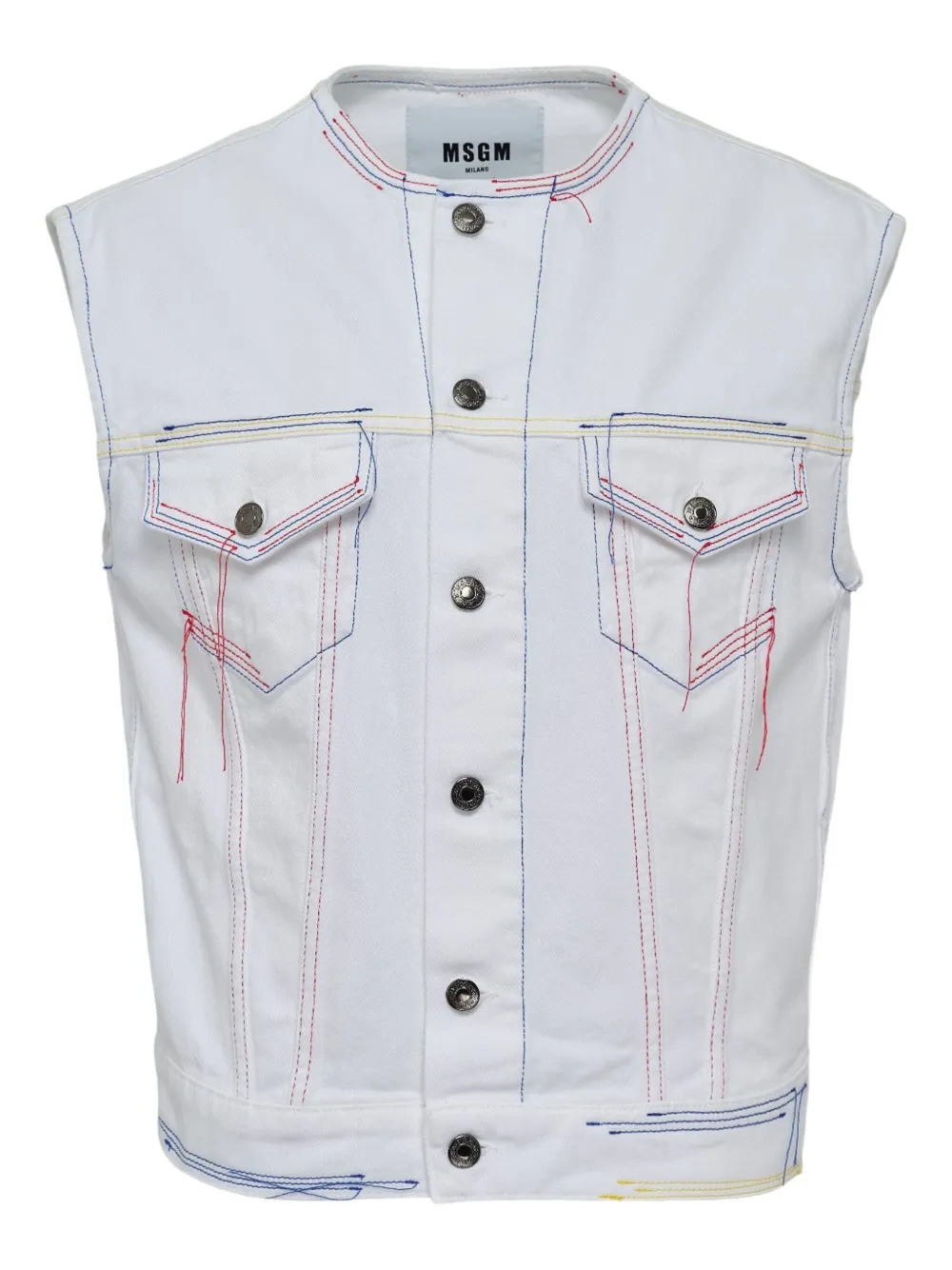Msgm Contrast-stitch Denim Vest In White