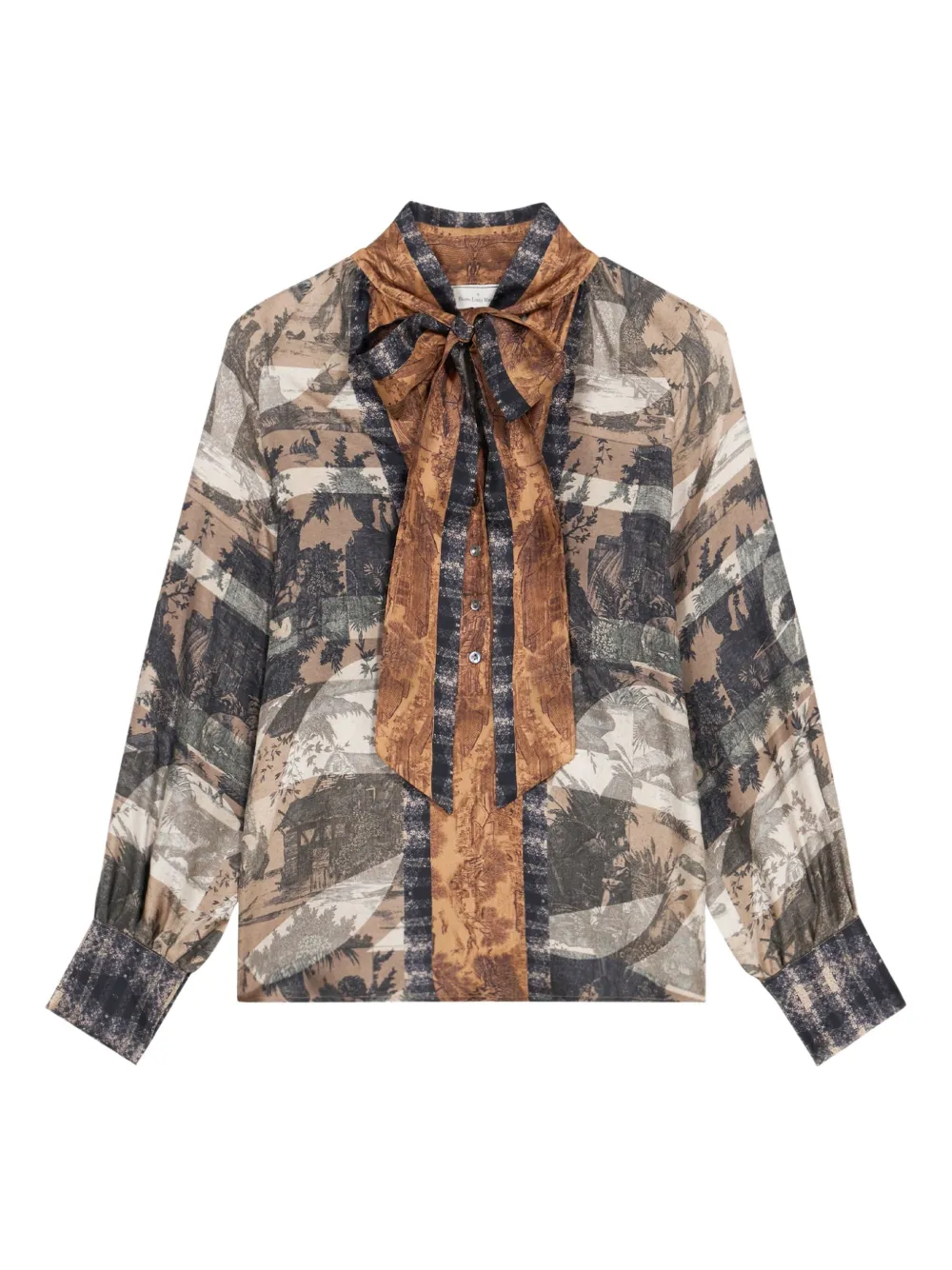 Pierre-Louis Mascia ALOE landscape-print tie-neck blouse Zwart