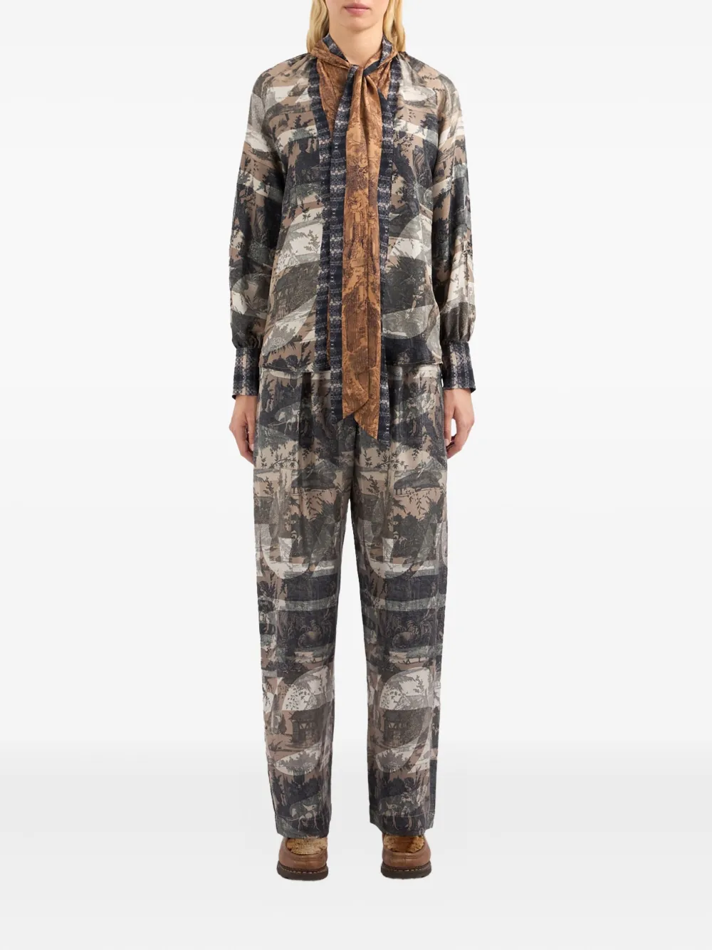 Pierre-Louis Mascia ALOE landscape-print tie-neck blouse Zwart