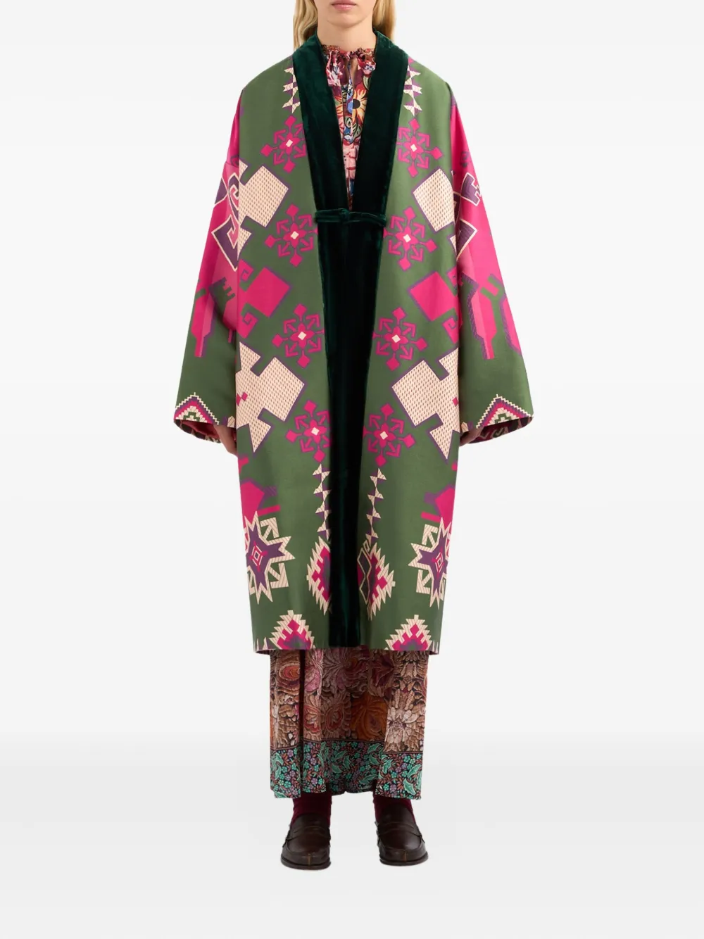 Pierre-Louis Mascia geometric-pattern velvet-trimmed coat Groen