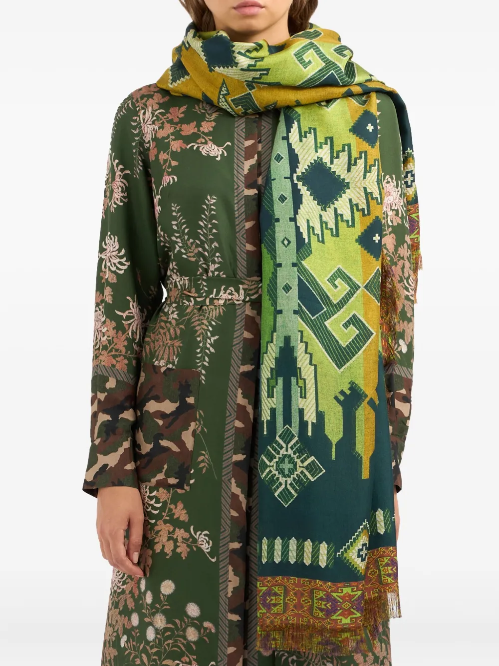 Pierre-Louis Mascia geometric-pattern fringed scarf Groen