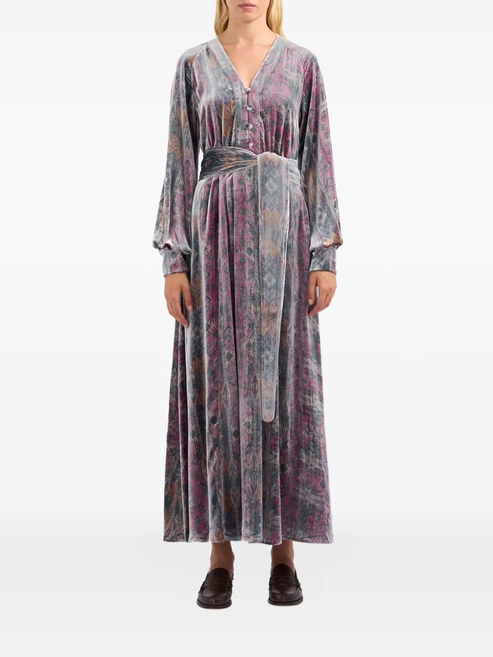 Pierre-Louis Mascia velvet patterned belted midi dress Grijs