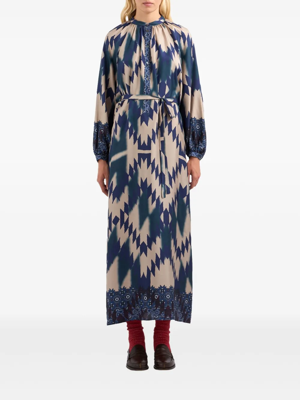 Pierre-Louis Mascia geometric-print belted maxi dress Blauw